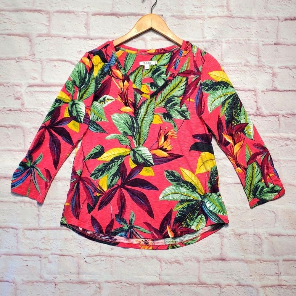 Chicos‎ Shirt Womens Small Pink Floral Tropical Island Paradise Cruise Vaca Top